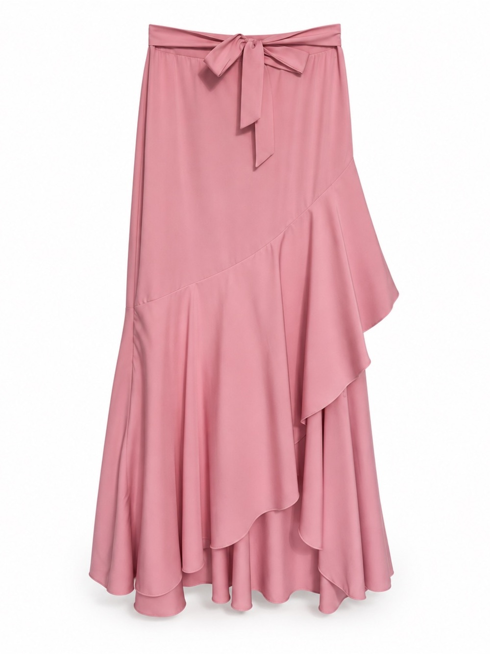 Dusty Pink Ruffle Maxi Skirt M Tie Waist Asymmetrical Wrap Style Romantic